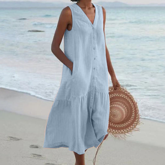 Image of Rita | Women's Sleeveless Button-Down Midi Dress