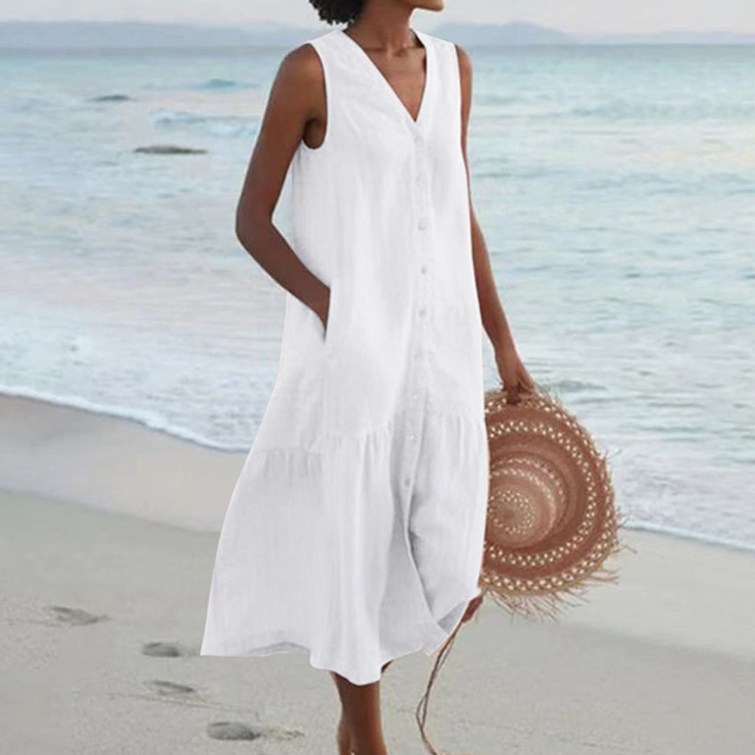 Image of Rita | Women's Sleeveless Button-Down Midi Dress