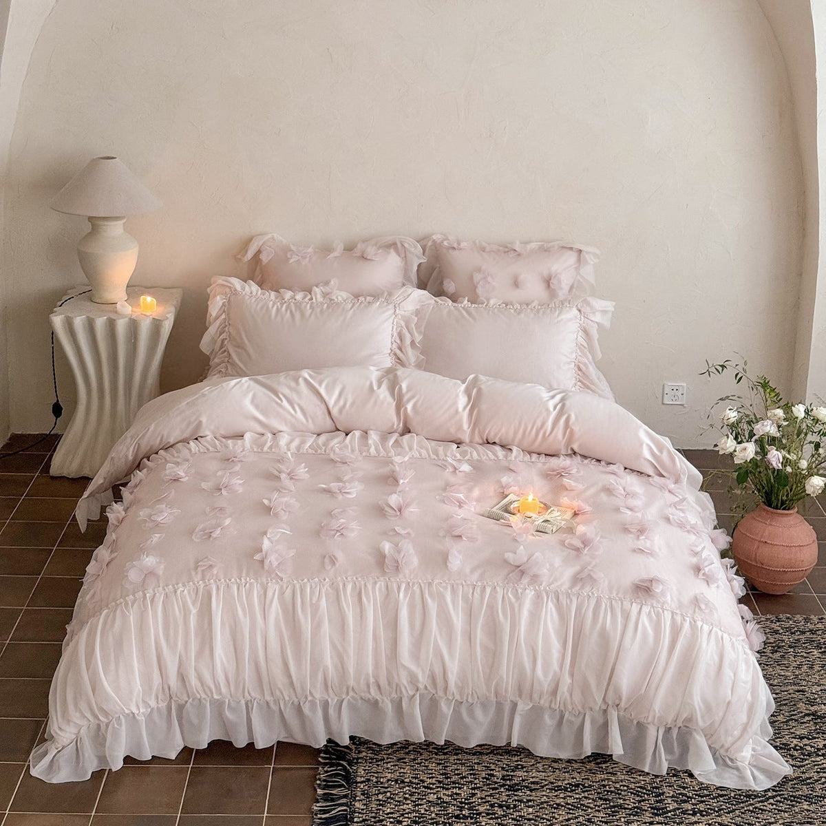 Romantic Bedding Set with 3D Flower Appliqué and Ruffles