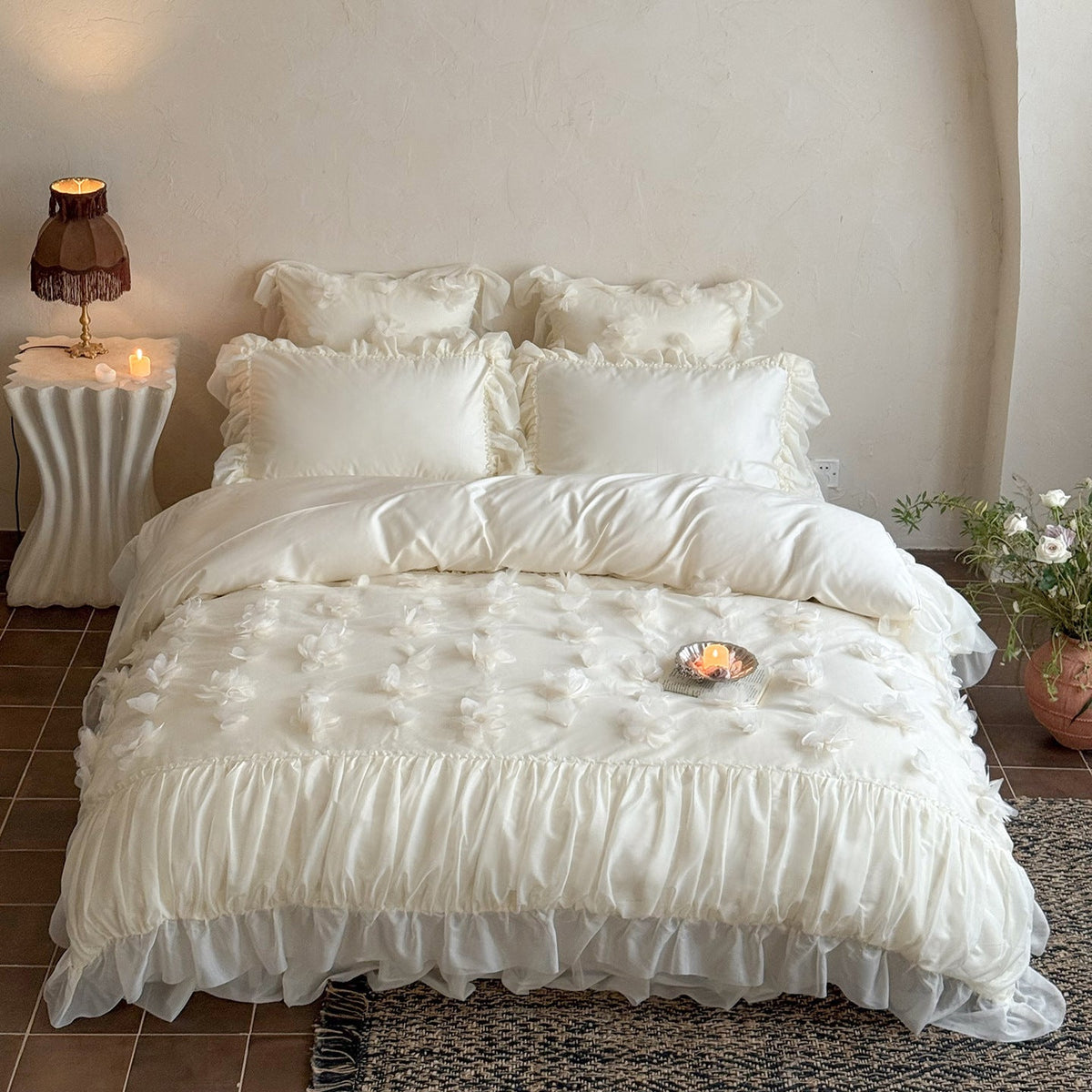 Romantic Bedding Set with 3D Flower Appliqué and Ruffles