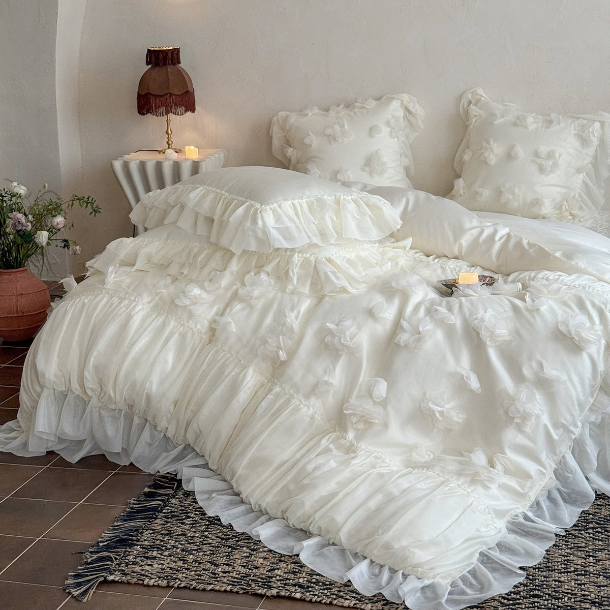 Romantic Bedding Set with 3D Flower Appliqué and Ruffles