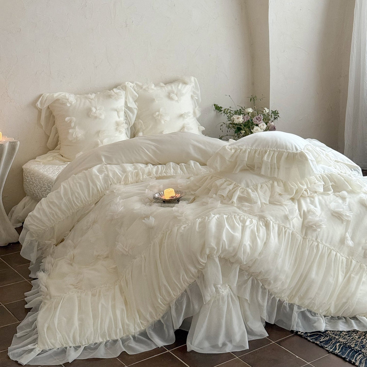 Romantic Bedding Set with 3D Flower Appliqué and Ruffles