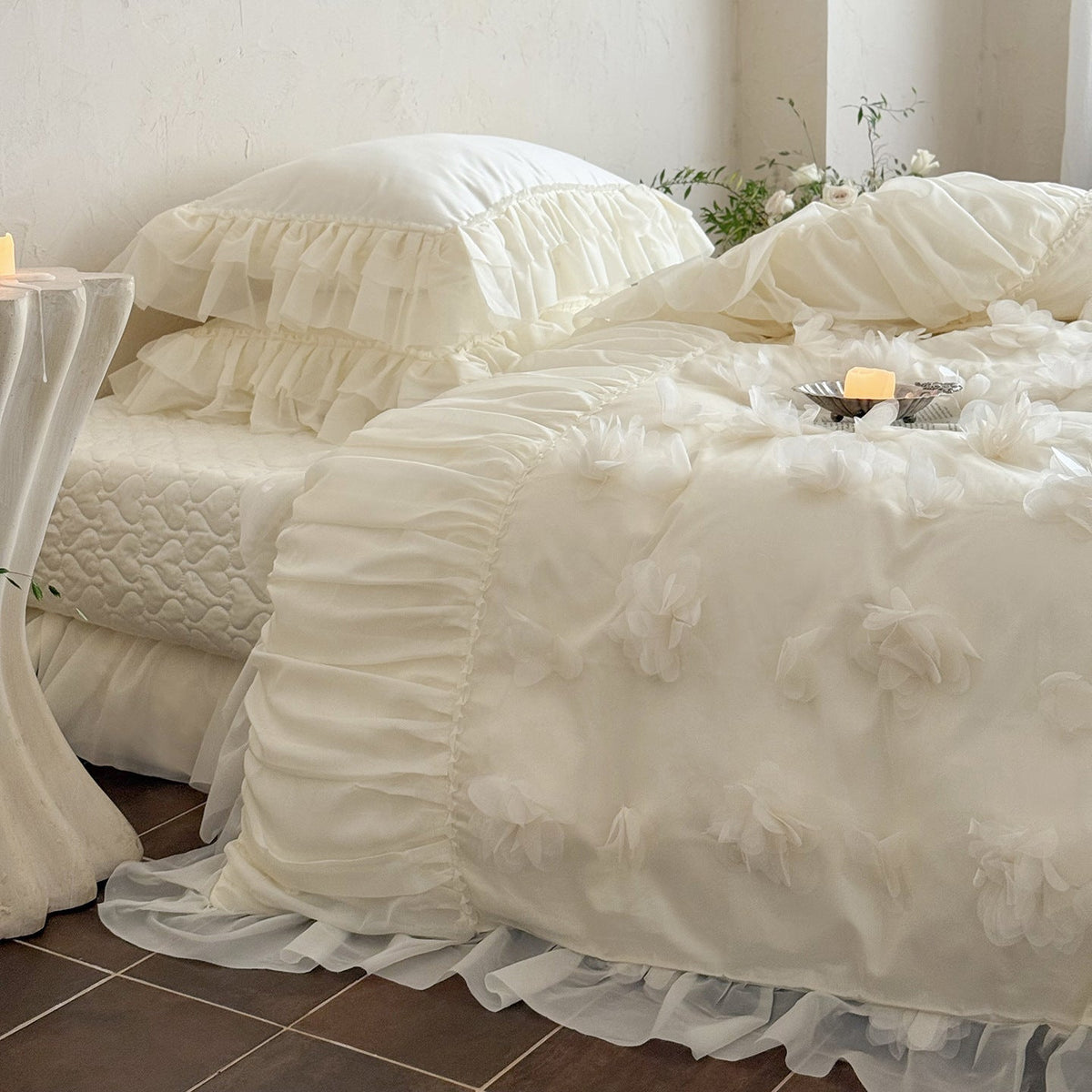 Romantic Bedding Set with 3D Flower Appliqué and Ruffles