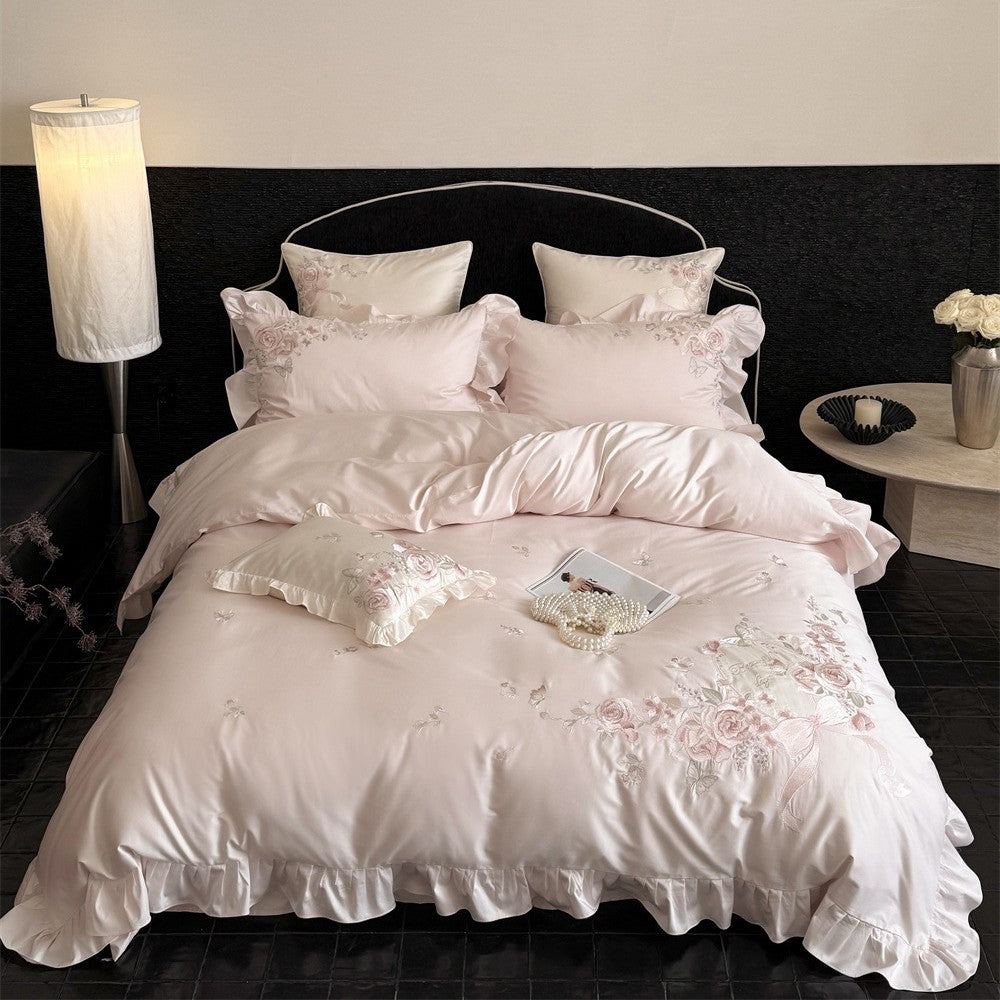 Romantic Satin Bed Linen Set with Richly Embroidered Rose Border and Ruffles