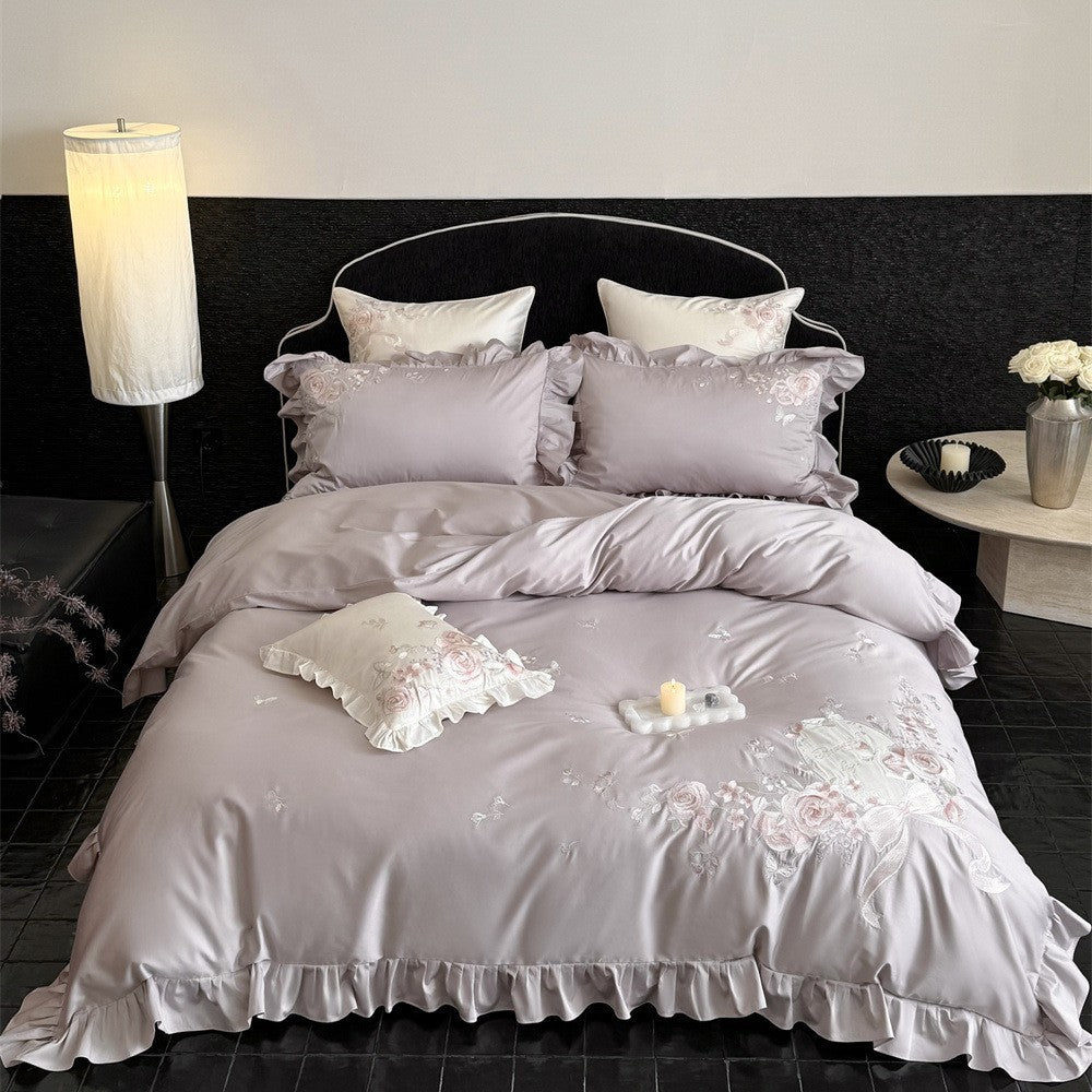 Romantic Satin Bed Linen Set with Richly Embroidered Rose Border and Ruffles