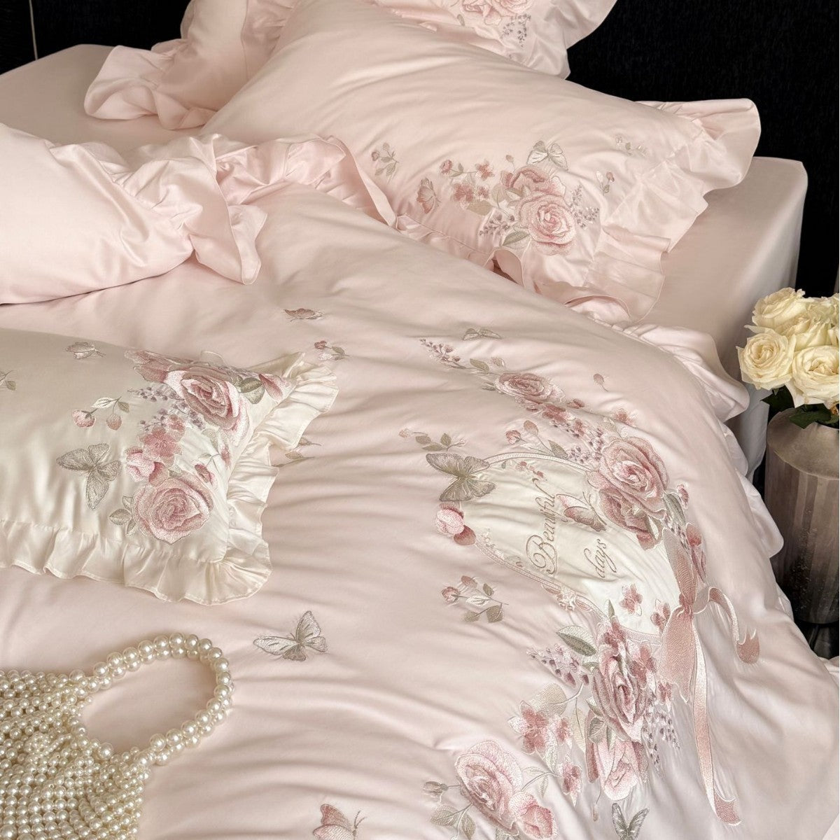 Romantic Satin Bed Linen Set with Richly Embroidered Rose Border and Ruffles