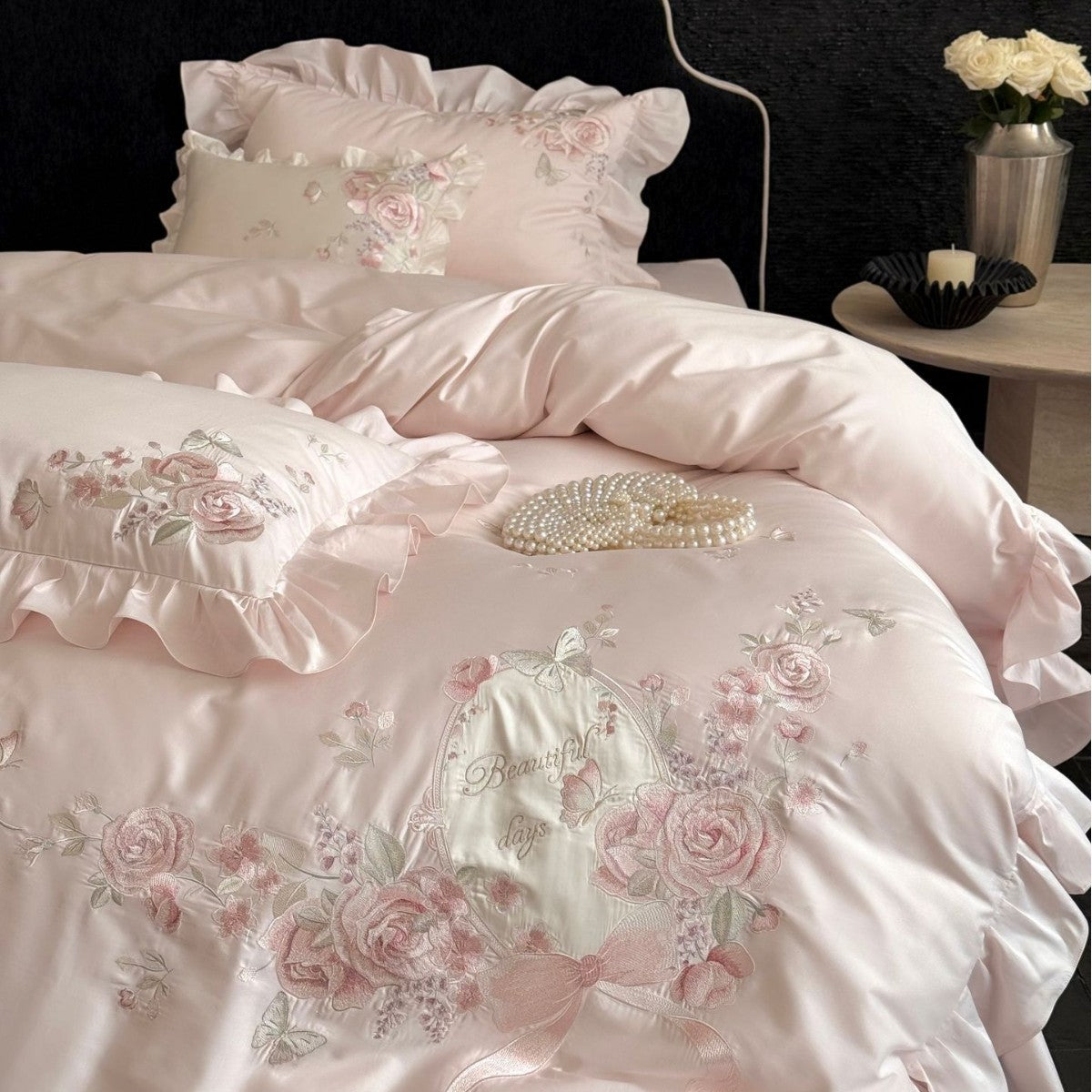 Romantic Satin Bed Linen Set with Richly Embroidered Rose Border and Ruffles