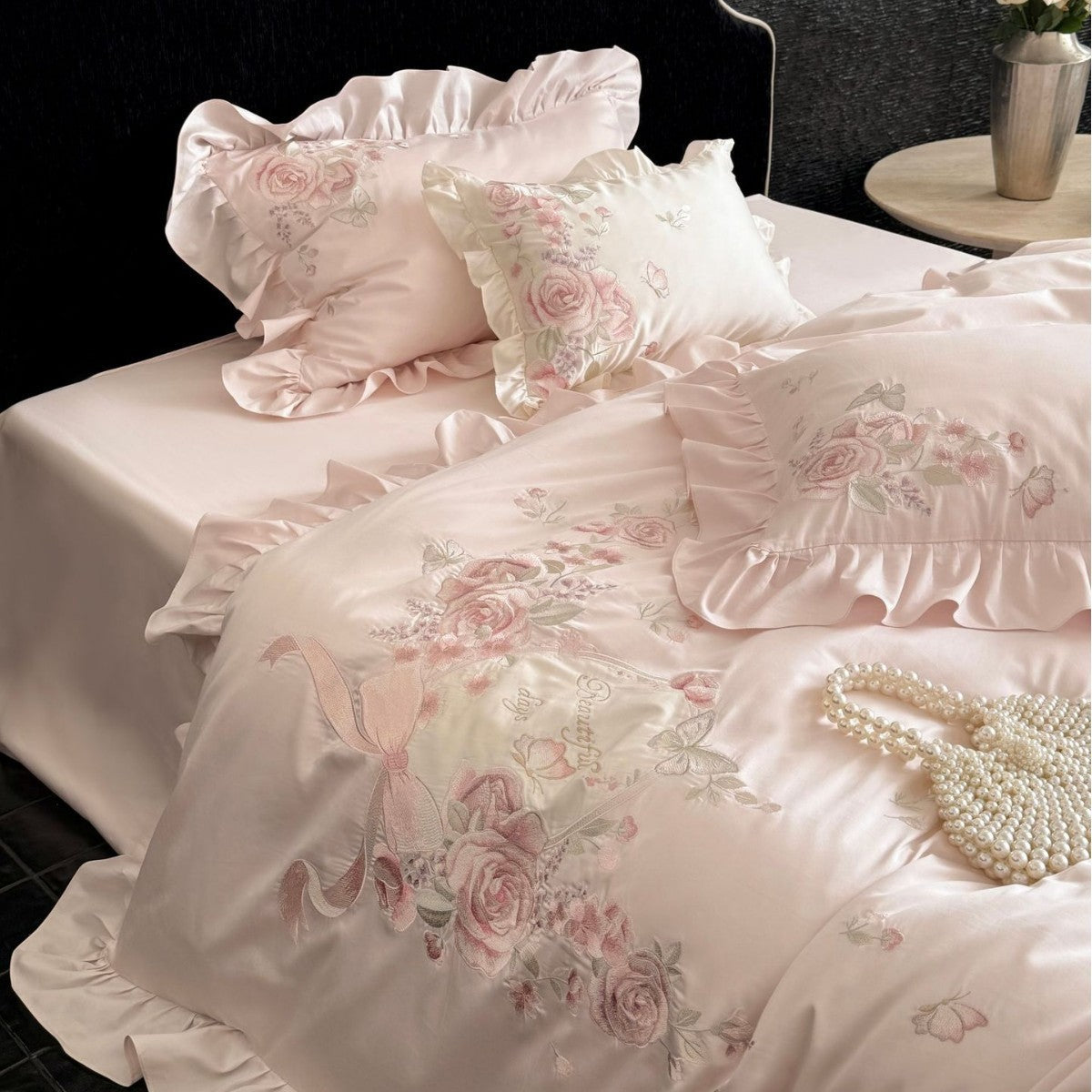 Romantic Satin Bed Linen Set with Richly Embroidered Rose Border and Ruffles