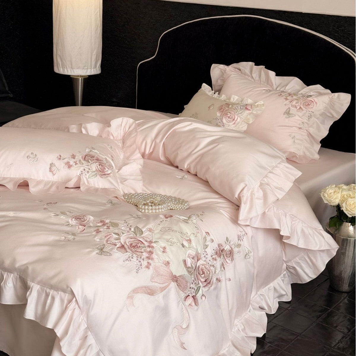 Romantic Satin Bed Linen Set with Richly Embroidered Rose Border and Ruffles