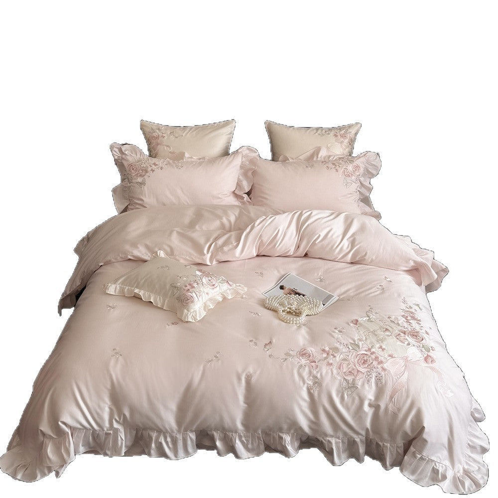 Romantic Satin Bed Linen Set with Richly Embroidered Rose Border and Ruffles