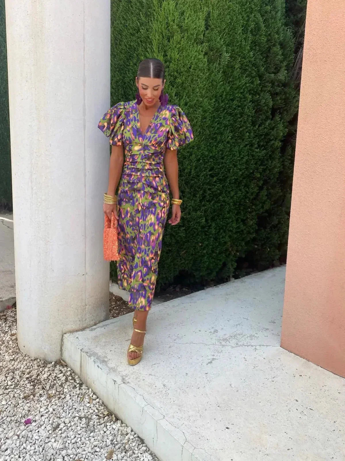 Image of Rose | Women's Puff Sleeve Bodycon Midi Dress