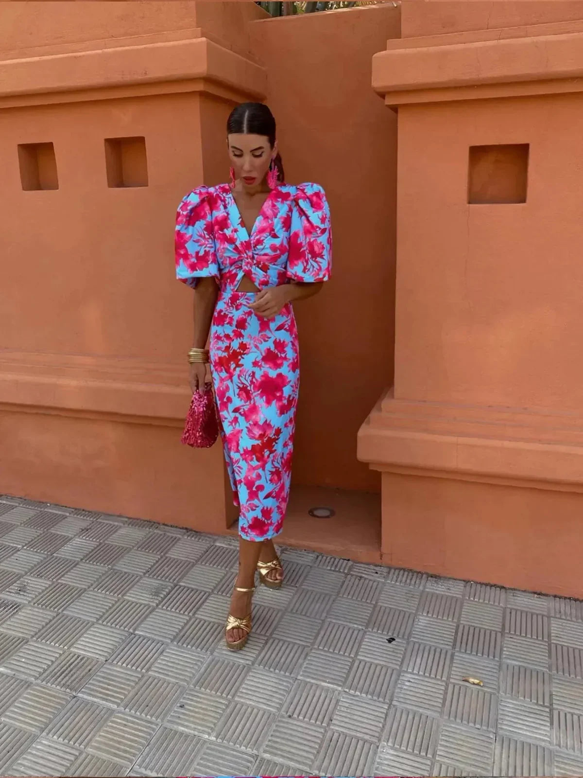 Image of Rose | Women's Puff Sleeve Bodycon Midi Dress