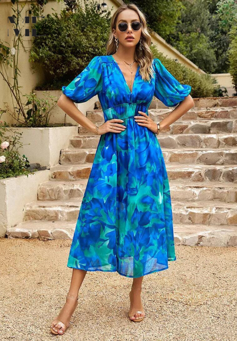 Image of Rosie | Women's Floral V-Neck A-Line Midi Dress