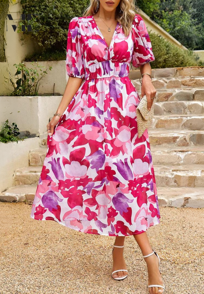 Image of Rosie | Women's Floral V-Neck A-Line Midi Dress