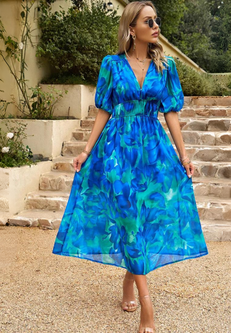 Image of Rosie | Women's Floral V-Neck A-Line Midi Dress