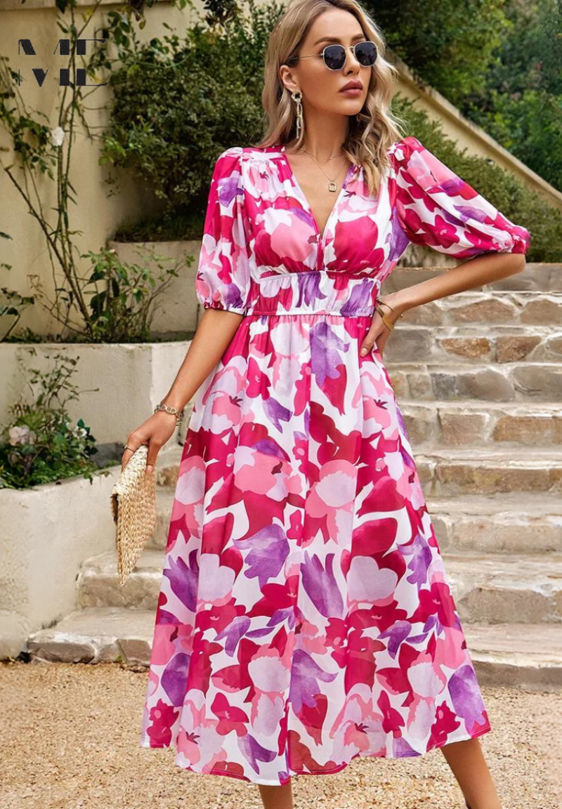 Image of Rosie | Women's Floral V-Neck A-Line Midi Dress