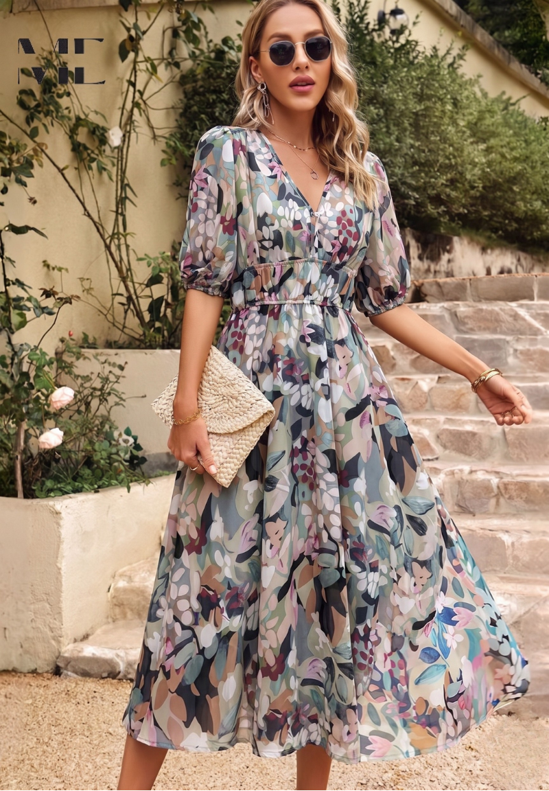 Rosie | Women's Floral V-Neck A-Line Midi Dress - Image 1