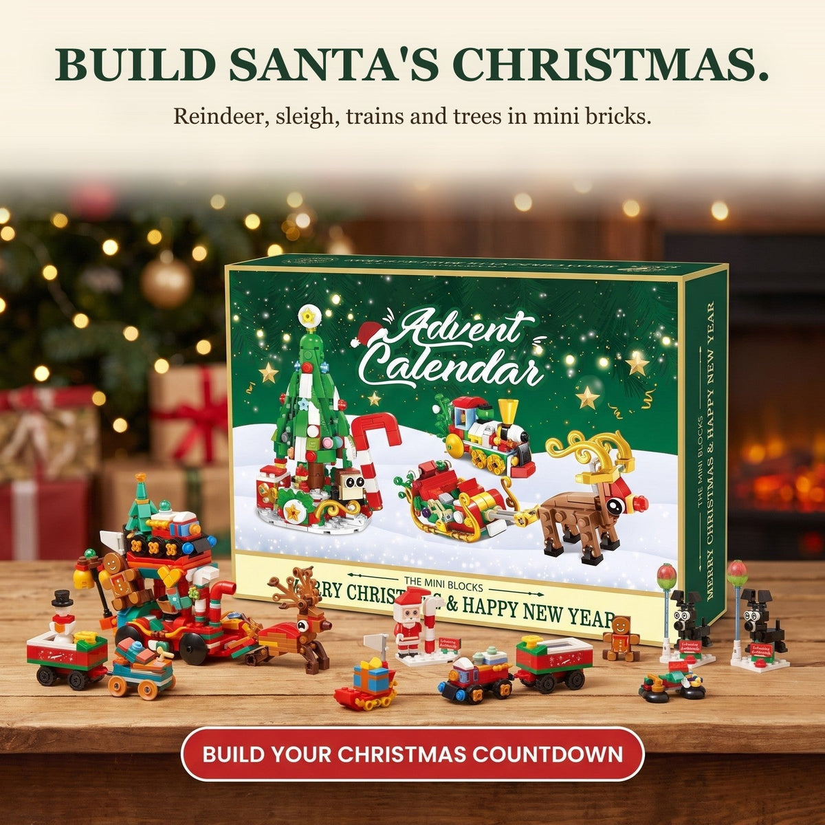 Mini Brick Christmas Village Advent Calendar with Santa's Reindeer Sleigh
