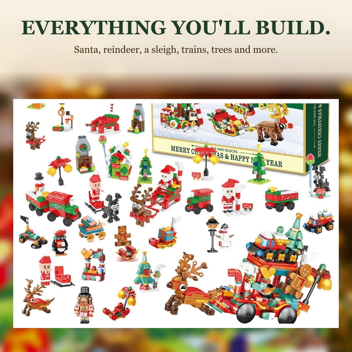 Mini Brick Christmas Village Advent Calendar with Santa's Reindeer Sleigh