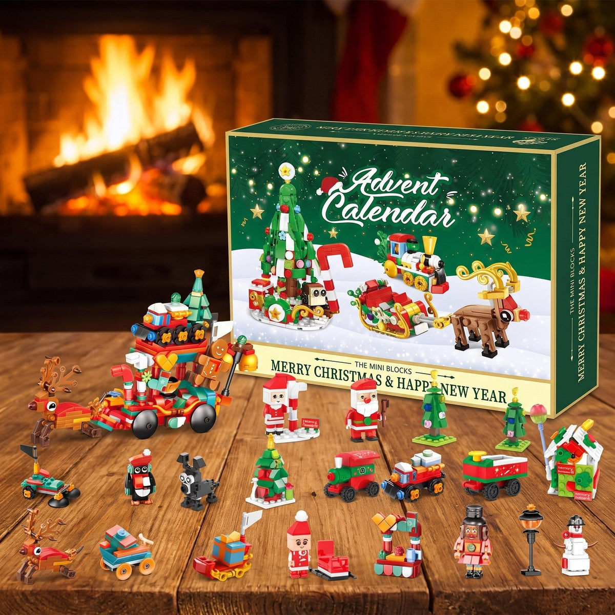 Mini Brick Christmas Village Advent Calendar with Santa's Reindeer Sleigh
