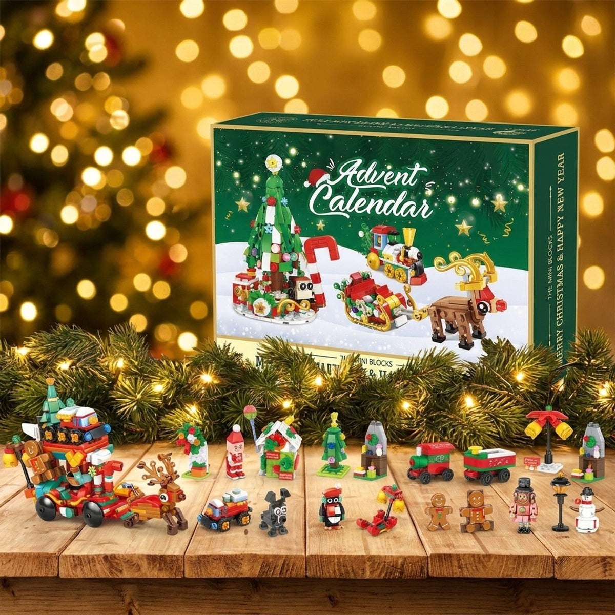Mini Brick Christmas Village Advent Calendar with Santa's Reindeer Sleigh