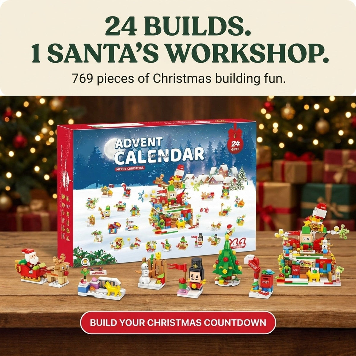 Santa's Workshop Brick Advent Calendar, 24-in-1 Holiday Builds, 769 Pieces