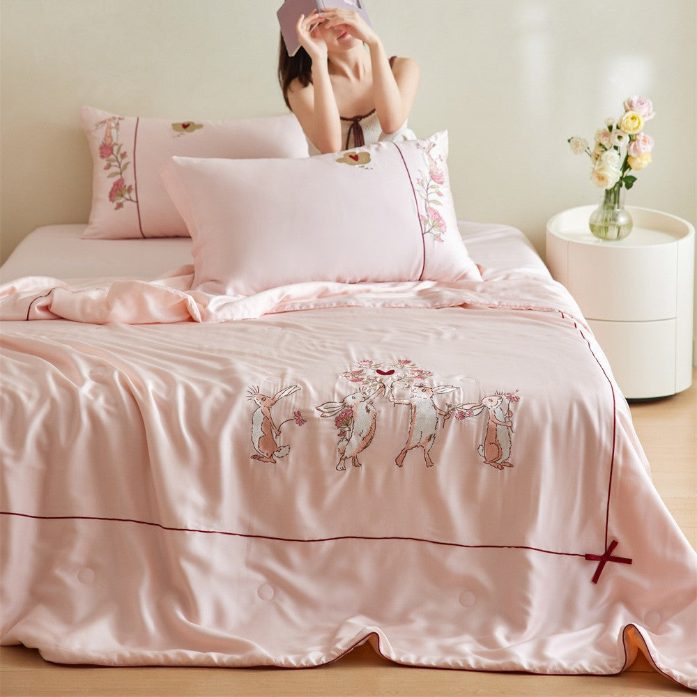 Satin Bedding Set with Hand-Embroidered Animal Motif and Lightweight Summer Blanket