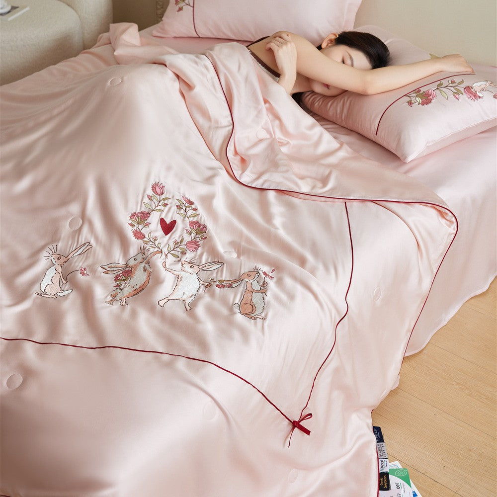 Satin Bedding Set with Hand-Embroidered Animal Motif and Lightweight Summer Blanket