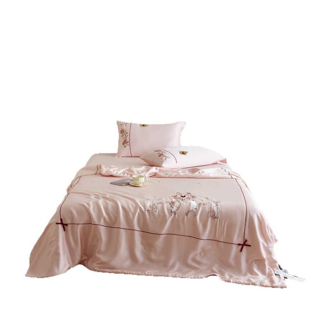 Satin Bedding Set with Hand-Embroidered Animal Motif and Lightweight Summer Blanket