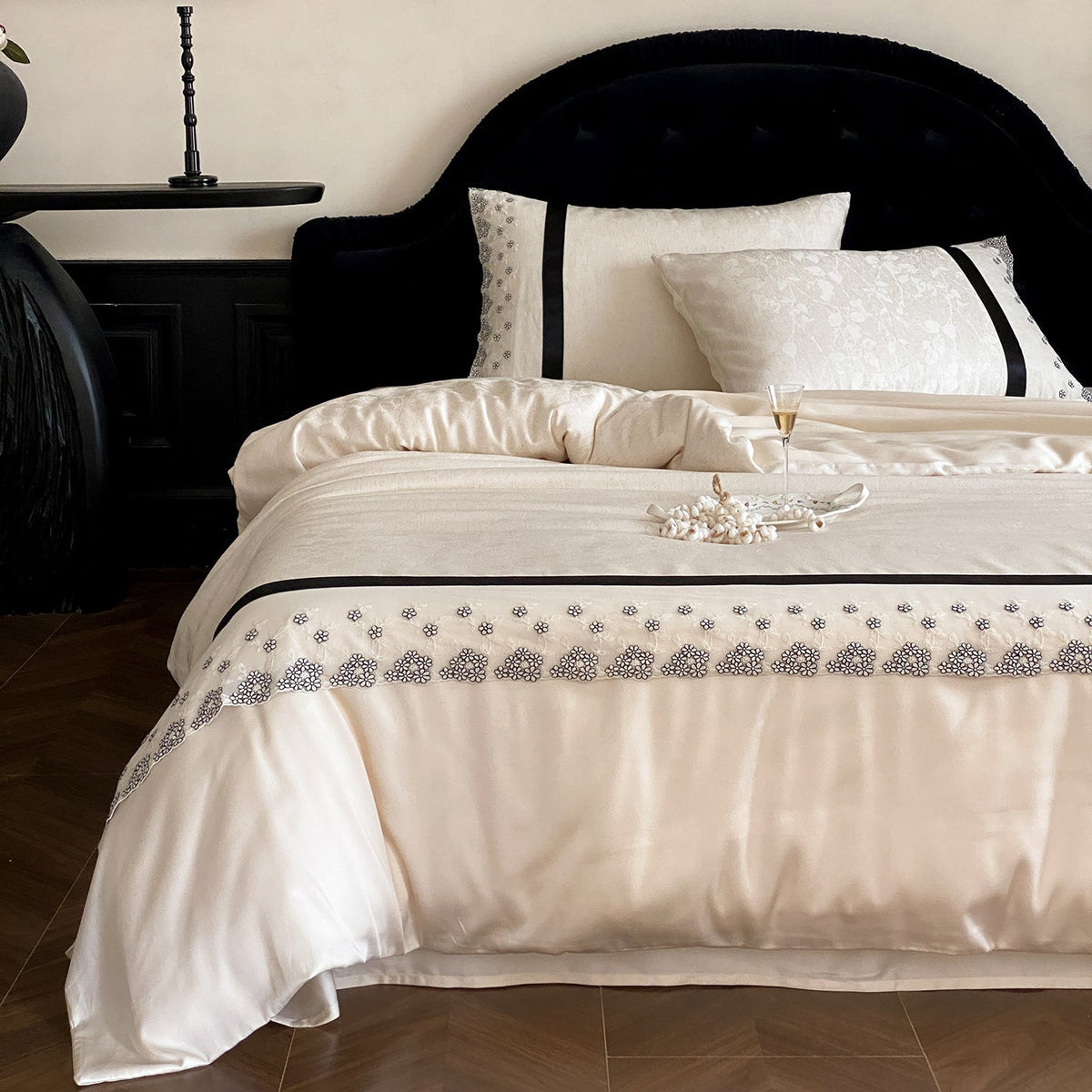 Satin Bedding with Floral Embroidery Border and Satin Edges