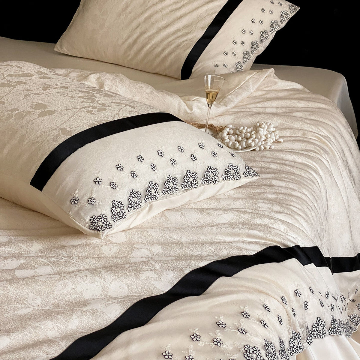 Satin Bedding with Floral Embroidery Border and Satin Edges