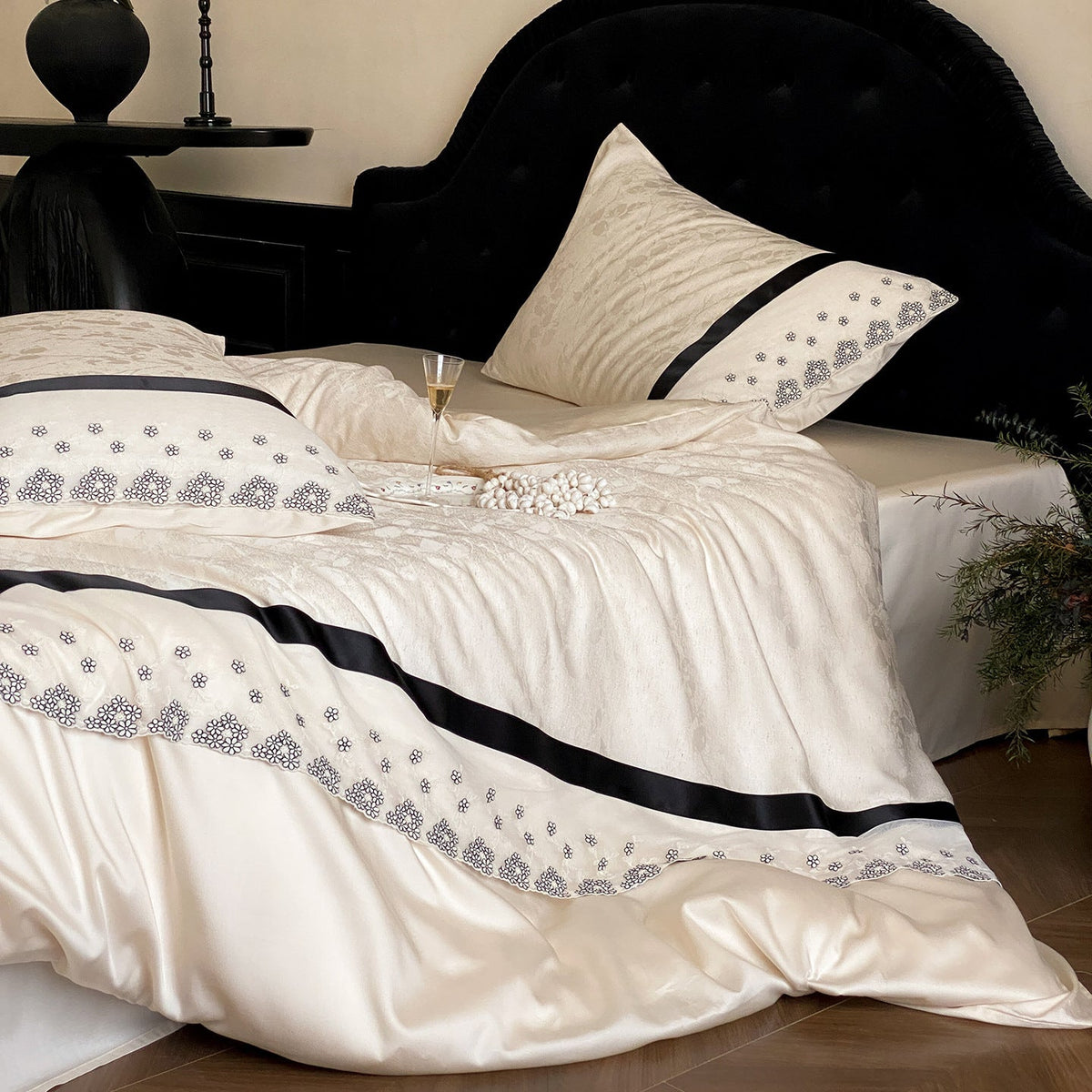 Satin Bedding with Floral Embroidery Border and Satin Edges