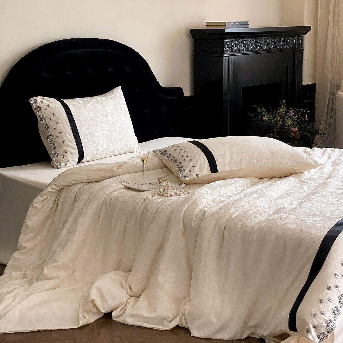 Satin Bedding with Floral Embroidery Border and Satin Edges