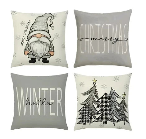 Set of 4 Square Christmas Throw Pillow Covers with Hidden Zipper and Woven Microfibre Gnome Print