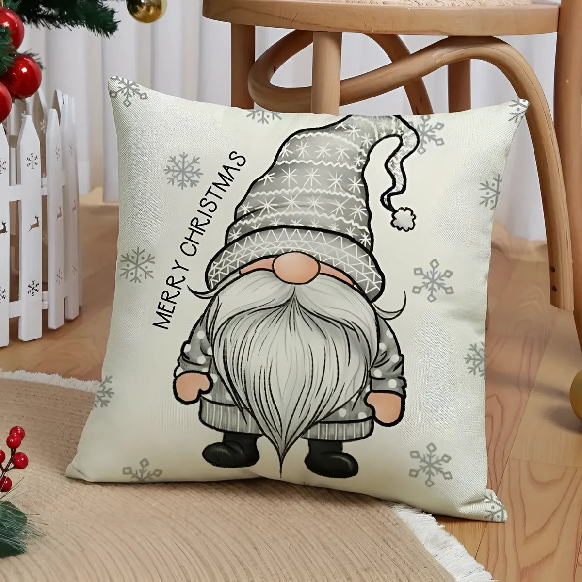 Set of 4 Square Christmas Throw Pillow Covers with Hidden Zipper and Woven Microfibre Gnome Print