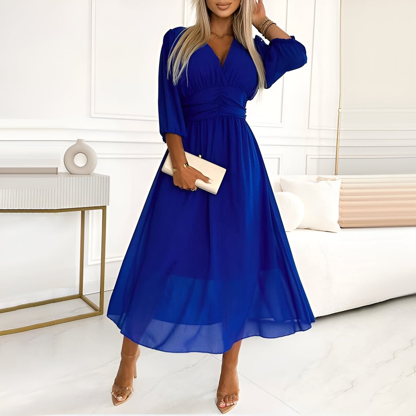 Image of Shelby | Women's V-Neck A-Line Midi Dress