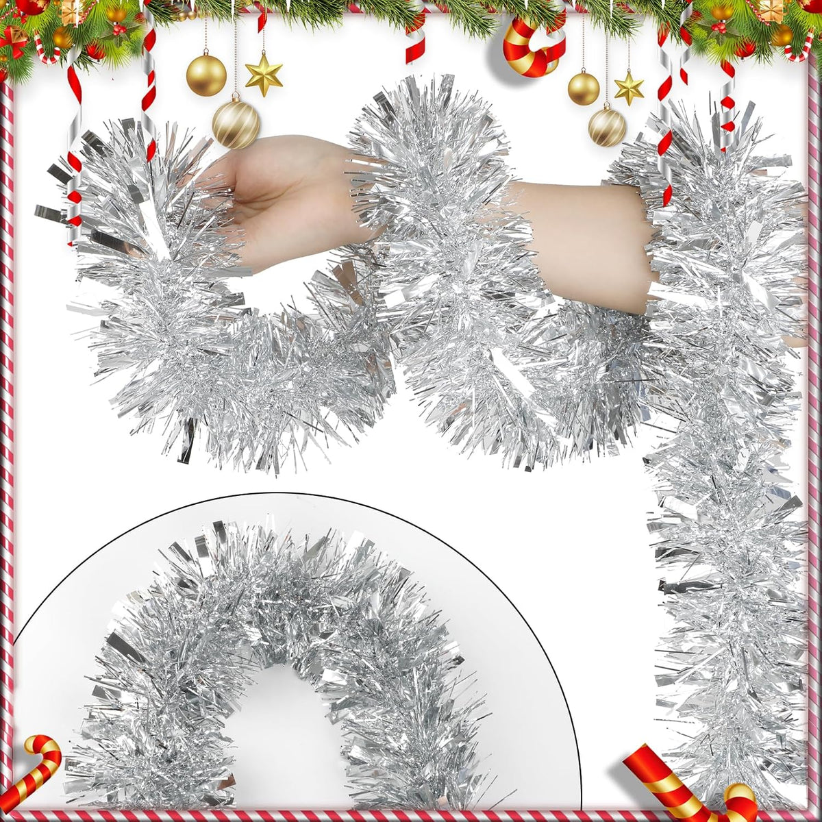 Silver Christmas Glitter Garland – 10m Tinsel Garland for Christmas Tree, Mantel & Party