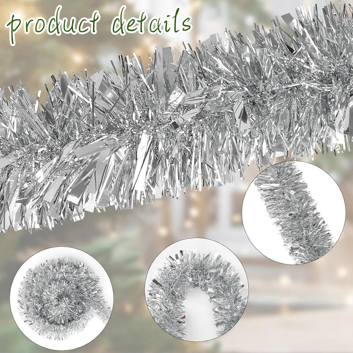 Silver Christmas Glitter Garland – 10m Tinsel Garland for Christmas Tree, Mantel & Party