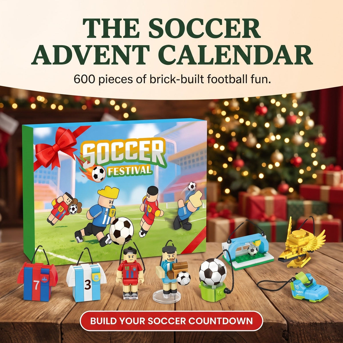 Soccer Advent Calendar for Kids, 600-Piece Brick Builds with Hanging Cords