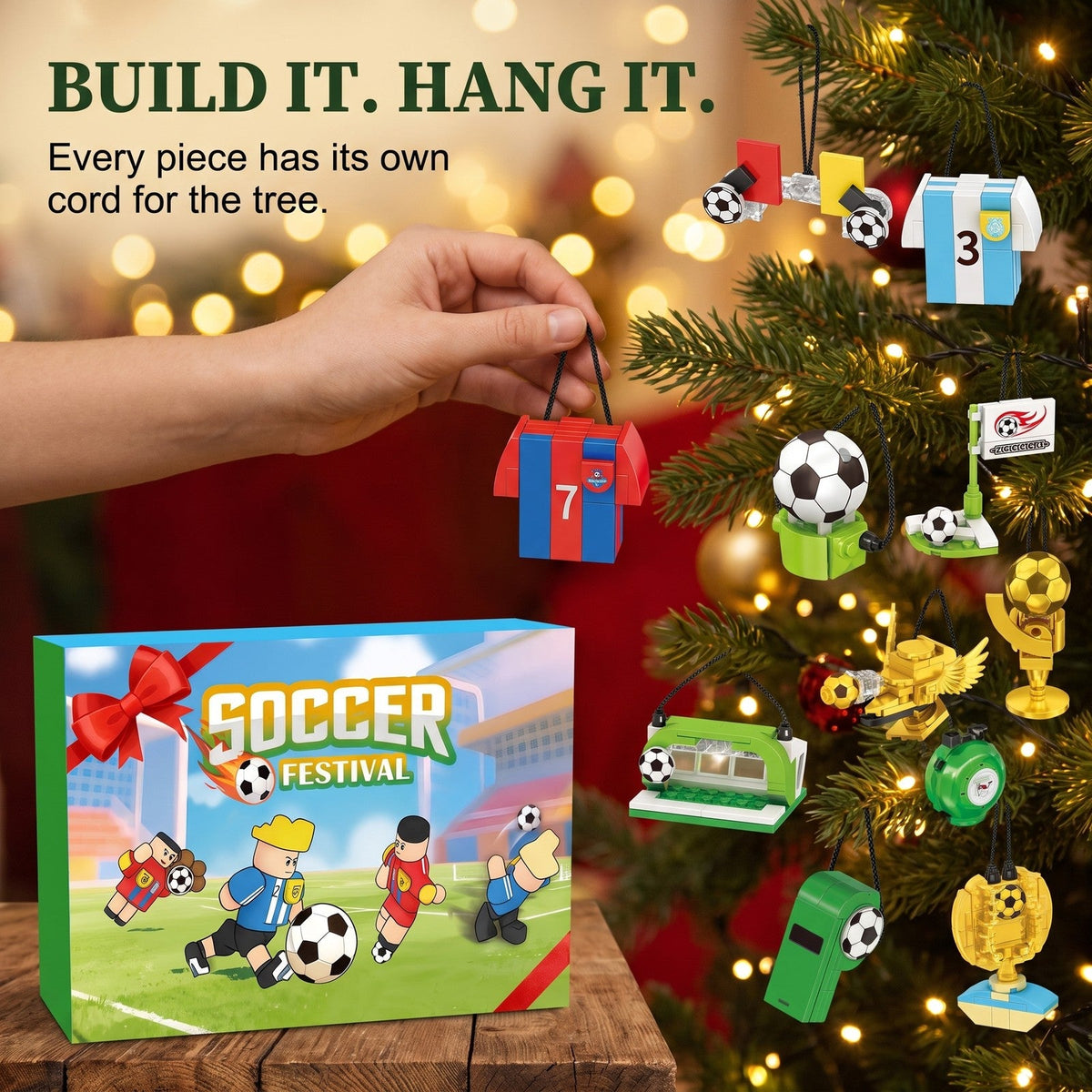 Soccer Advent Calendar for Kids, 600-Piece Brick Builds with Hanging Cords