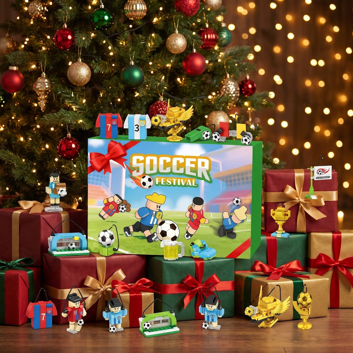 Soccer Advent Calendar for Kids, 600-Piece Brick Builds with Hanging Cords