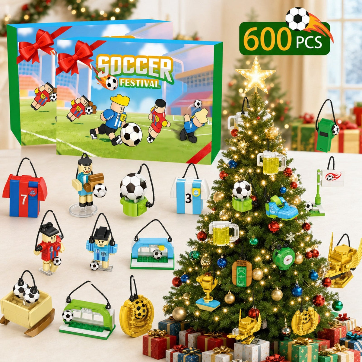 Soccer Advent Calendar for Kids, 600-Piece Brick Builds with Hanging Cords