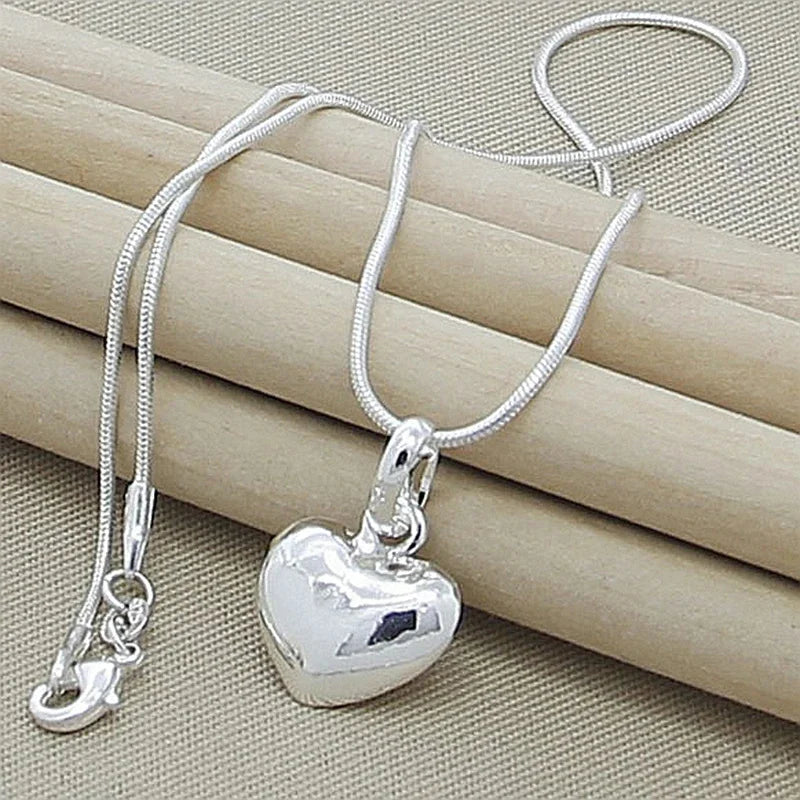 Solid Small Heart Pendant Necklace in 925 Sterling Silver with Snake Chain for Women