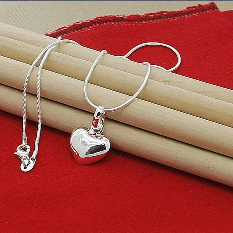Solid Small Heart Pendant Necklace in 925 Sterling Silver with Snake Chain for Women