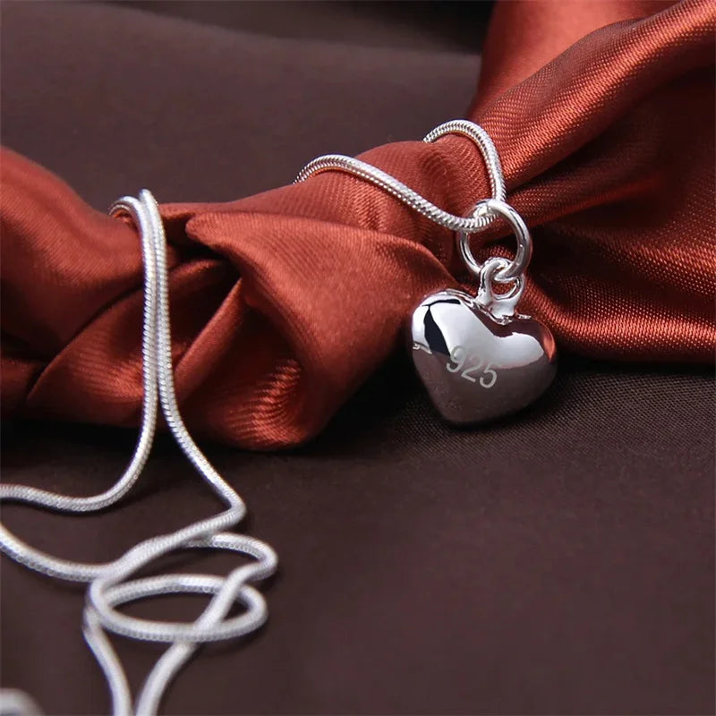 Solid Small Heart Pendant Necklace in 925 Sterling Silver with Snake Chain for Women