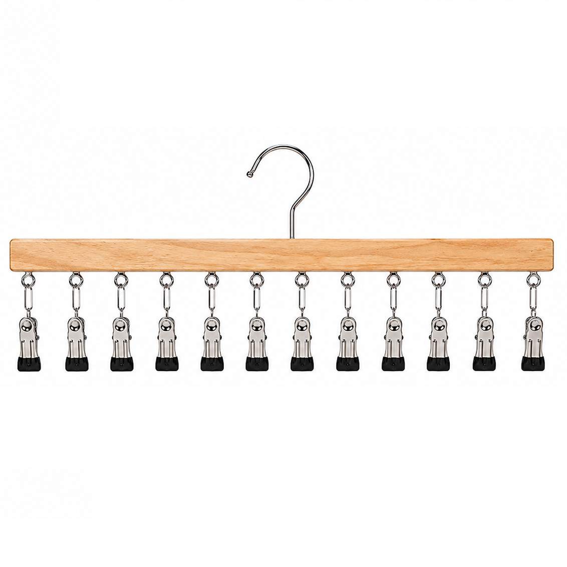 Space-Saving Wooden Multi-Clip Clothes Hanger with 12 Clips
