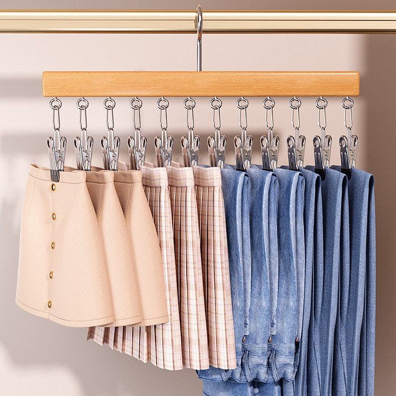Space-Saving Wooden Multi-Clip Clothes Hanger with 12 Clips