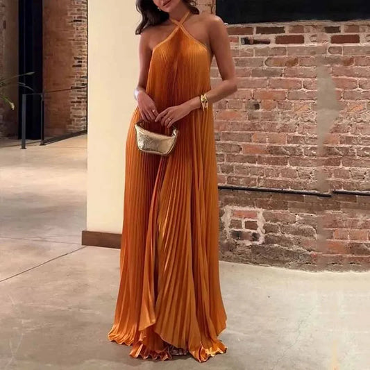 Image of Stephanie | Women's Halter Pleated A-Line Maxi Dress