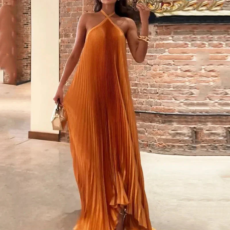 Image of Stephanie | Women's Halter Pleated A-Line Maxi Dress