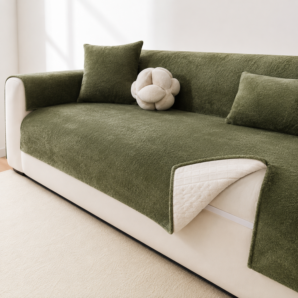 Stretch Fitted Reversible Sofa Slipcover with Non-Slip Backing and Plush Microfleece